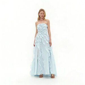 Aje Allairie Strapless Pale Blue Ruffle Gown